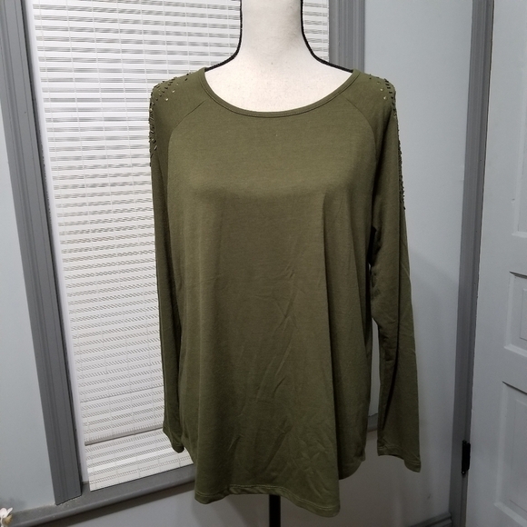 Lane Bryant Brass Beaded Embellished Shoulder Long Sleeve Tee - Olive - Picture 3 of 6